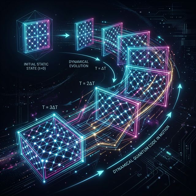 Abstract conceptual artwork visualizing a movie of static surface code states evolving in time.