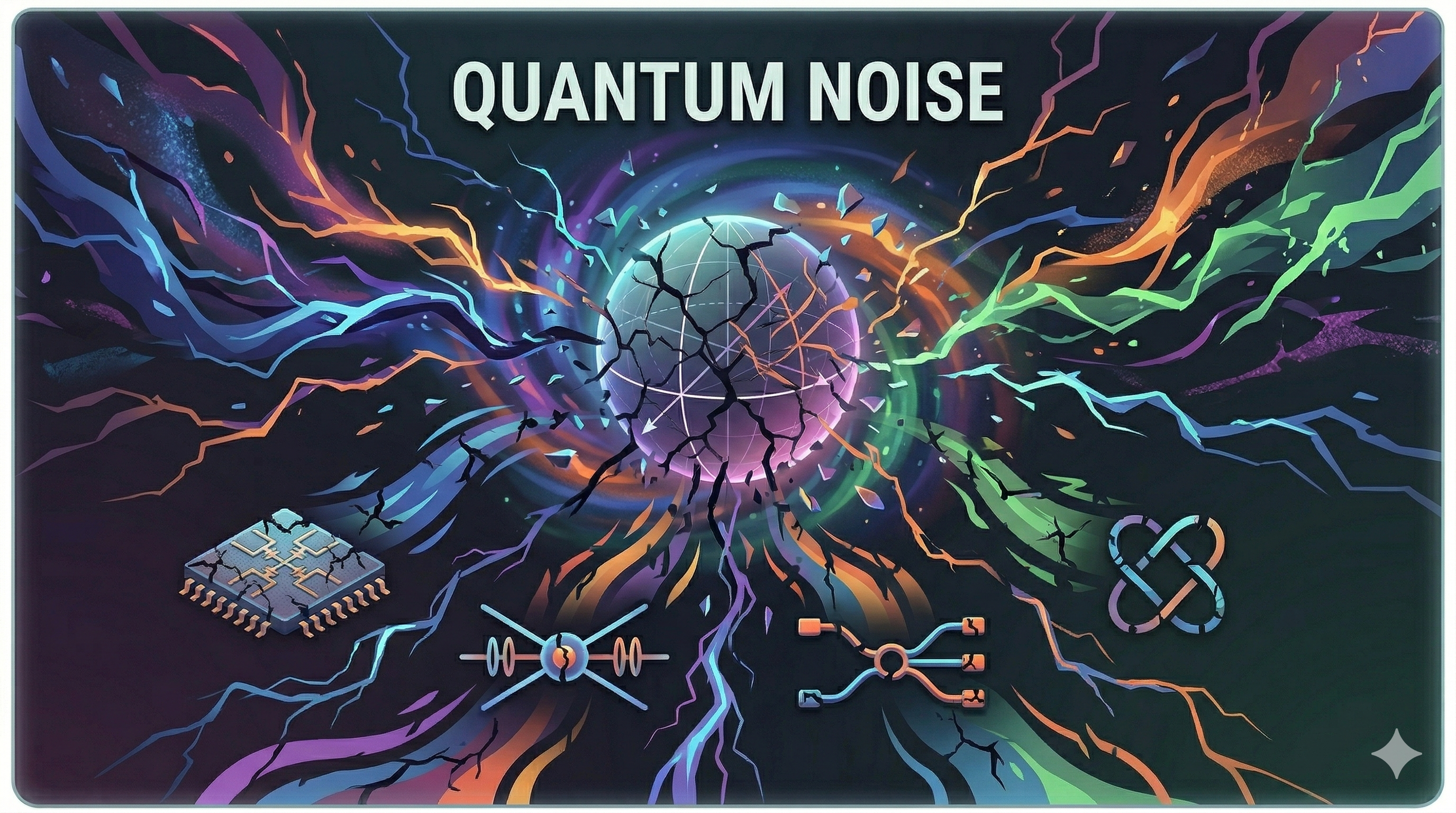 Abstract conceptual artwork visualizing quantum hardware noise models and decoherence.