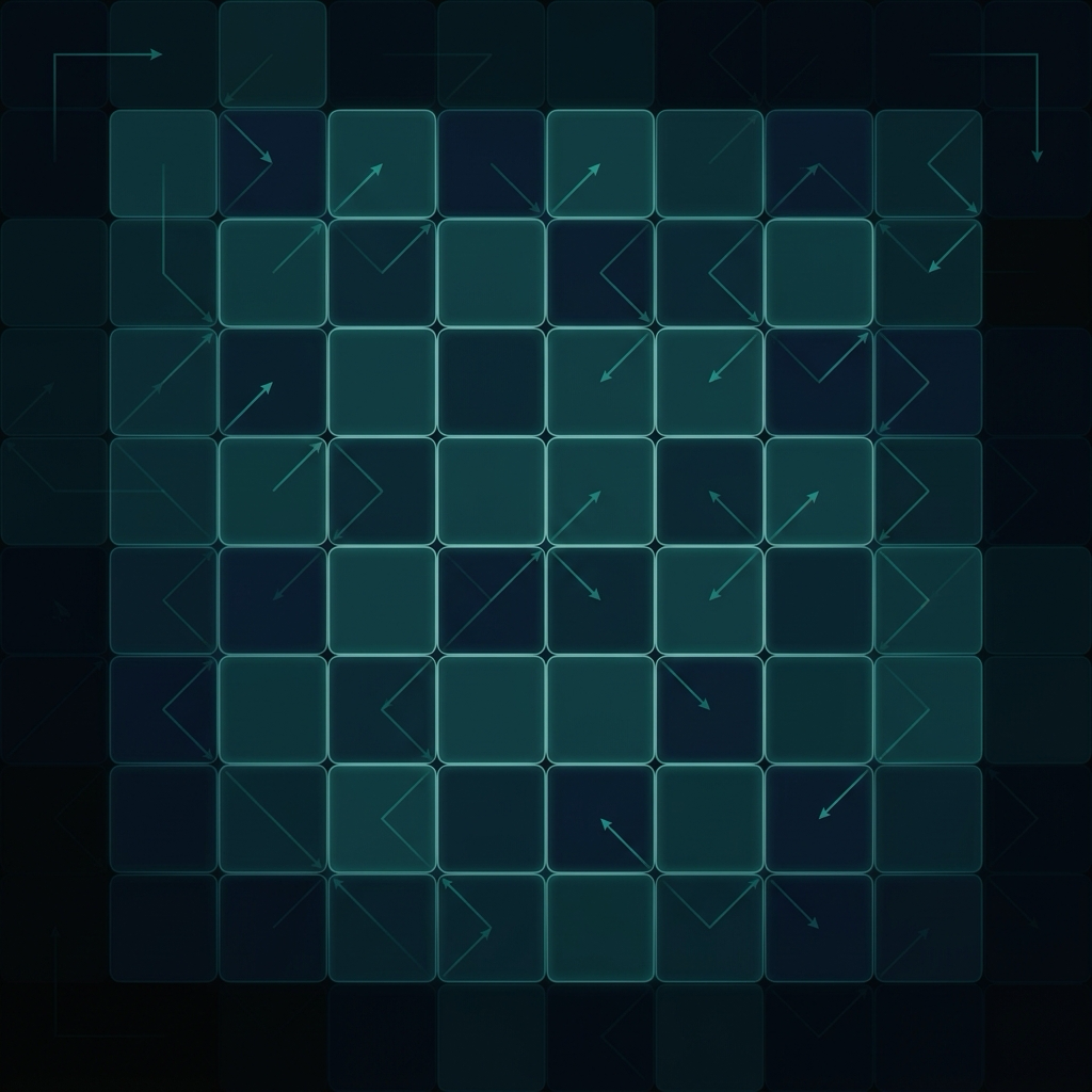 Abstract artwork visualizing directional tile codes on a quantum lattice with measurement walk arrows tracing paths across a square grid of qubits.